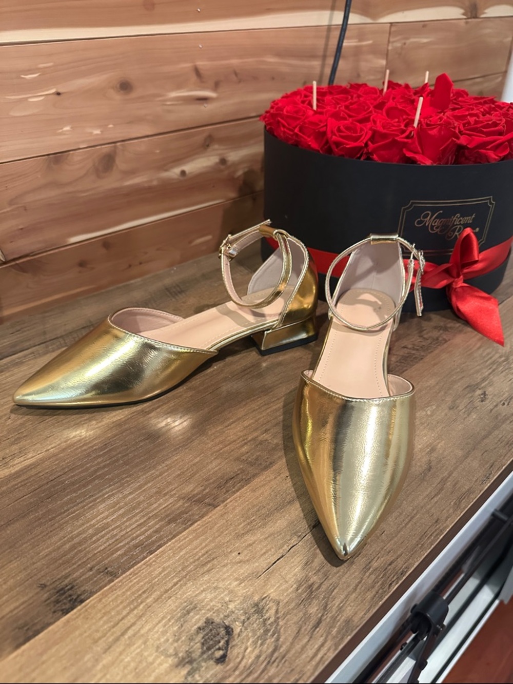 Gold Pointed Ankle-Strap Flat - Women's Dress Shoe (size 6.5)